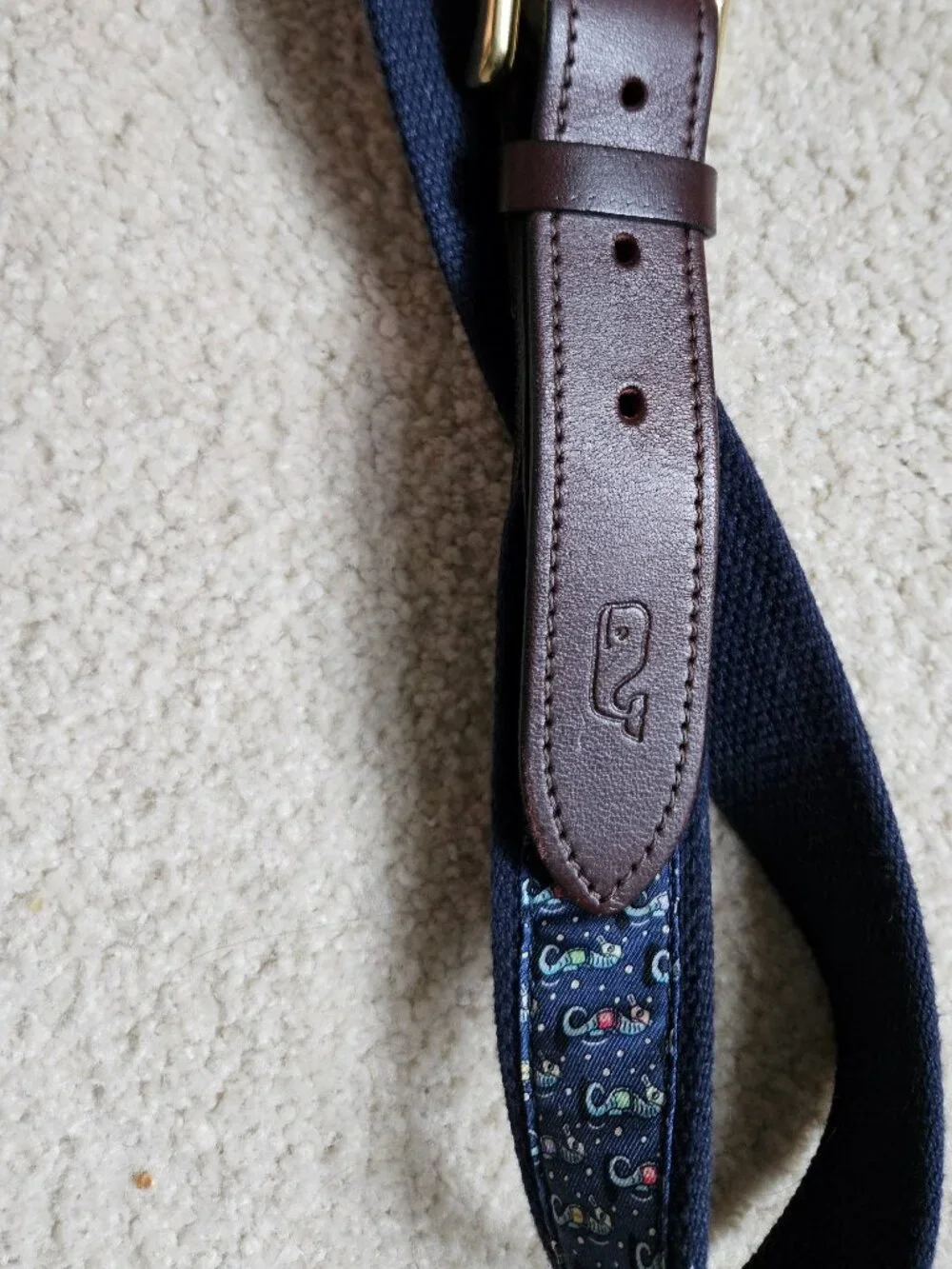 Vineyard Vines Kentucky Derby Seahorse Canvas Belt Navy Blue Brown Brass 32